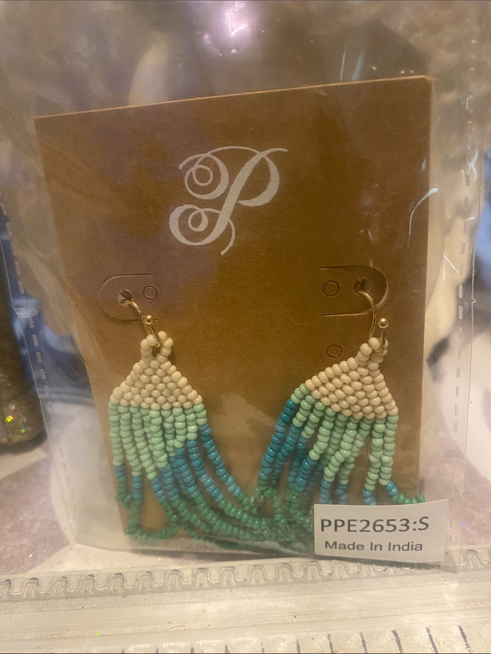 Source Unknown Cream, Mint & Teal Beaded Fringe Earrings